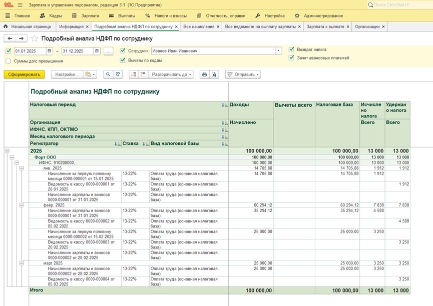 Подробный анализ НДФЛ по сотруднику в 1С:ЗУП